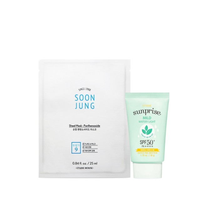 Etude Sunprise Mild Watery Light Sunscreen SPF 50+ PA++++ - 50g (1ea) + Soon Jung Panthensoside Sheet Mask - 5pcs Set