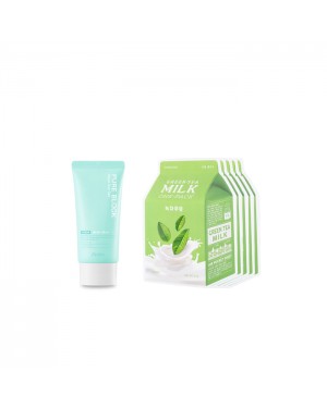 A'PIEU - Milk One Pack Sheet Mask - Green Tea - 5pcs + Pure Block Aqua Sun Gel SPF50+ PA+++ (1ea) Set