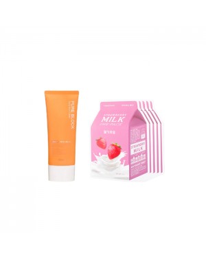 A'PIEU - Milk One Pack Sheet Mask - Strawberry - 5pcs + Pure Block Natural Daily Sun Cream SPF45 PA+++ - 100ml (1ea) Set