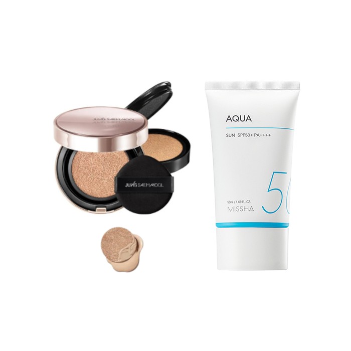 Jung Saem Mool - Masterclass Radiant Cushion - Cushion 15g + Refill 15g - Y4 Sand (1ea) + MISSHA - All-Around Safe Block Aqua Sun SPF50+ PA++++ (New version of All-Around Safe Block Aqua Sun Gel ) - 50ml (1ea)Set