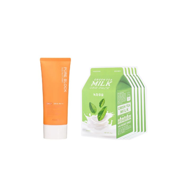 A'PIEU - Milk One Pack Sheet Mask - Green Tea - 5pcs + Pure Block Natural Daily Sun Cream SPF45 PA+++ - 100ml (1ea) Set