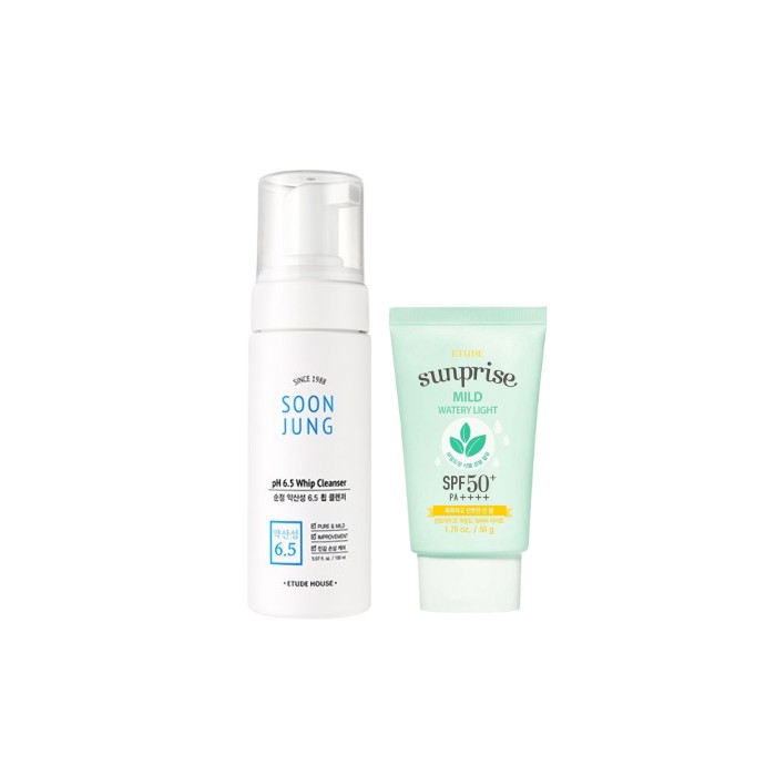 Etude Sunprise Mild Watery Light Sunscreen SPF 50+ PA++++ - 50g (1ea) + Soon Jung pH 6.5 Whip Cleanser - 150ml (1ea) Set