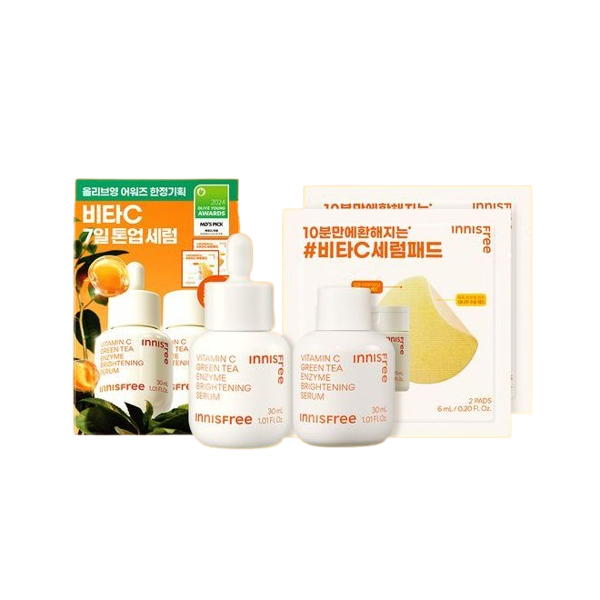 innisfree - Vitamin C Green Tea Enzyme Brightening Serum 30ml (2pcs) + Vitamin C Pad 2 Pads (2pcs) - (4 items)