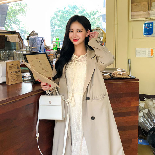 Icecream12 - Double-Breasted Long Trench Coat