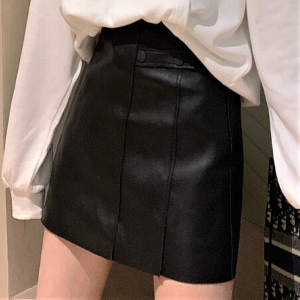 MissLady - Faux-Leather Buttoned H-Line Mini Skirt